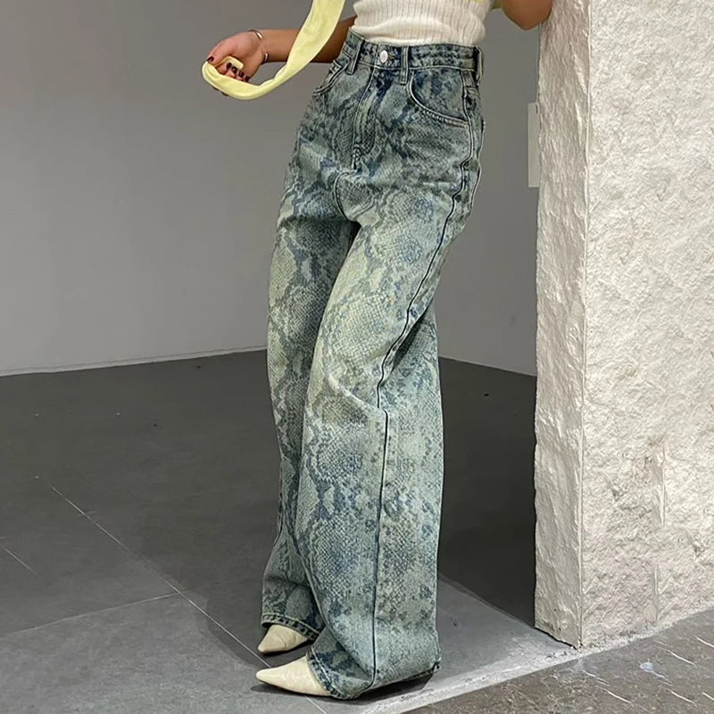 Streetwear Snake-Print Wide Leg Jeans Loose High-Waisted Baggy Denim Pants Y2K Grunge Casual Animal Pattern Trousers Women 2025