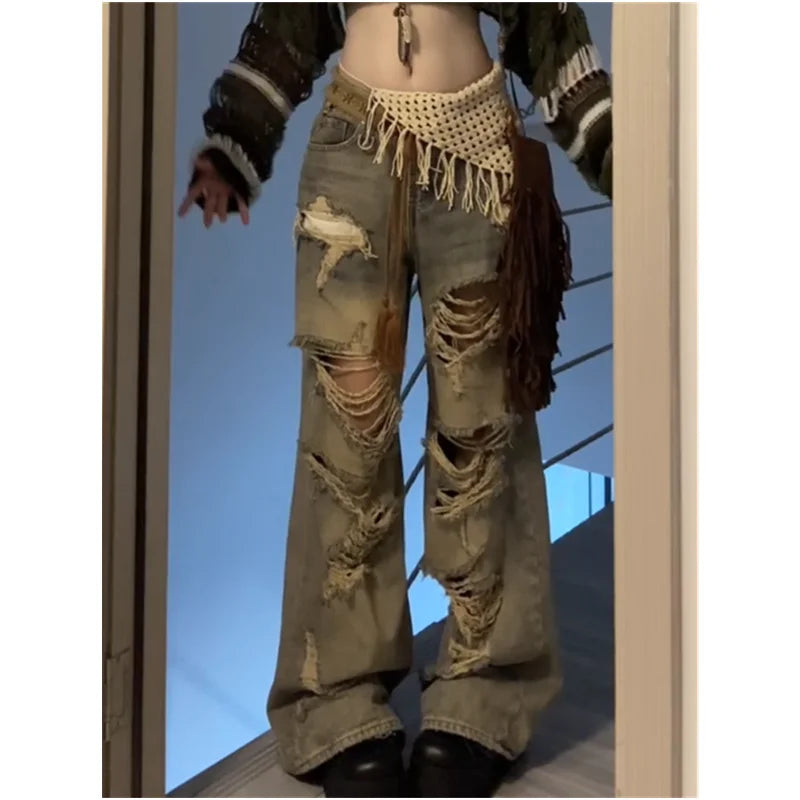 2024 Blue High Waist Women Jeans Feeling Vintage Straight Casual Baggy Streetwear Y2K Ripped Wide Leg Female Trouser Denim Pants
