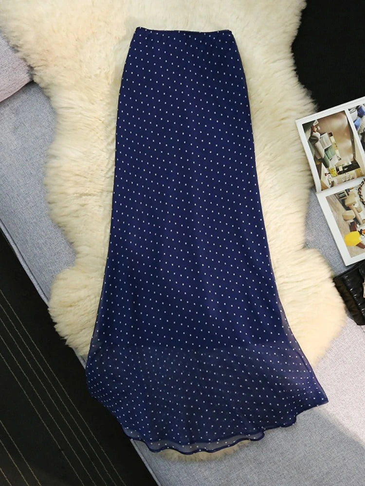 Seoulish Polka Dot Printed Fishtail Skirt Women Summer Loose Draped Slim Fit Casual Long Skirts for Women